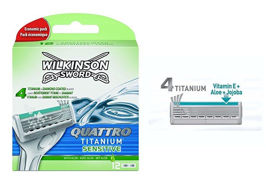 Comprar Pack de 12 cuchillas Wilkinson sword quattro titanium Sensitive Pack de 12 cuchillas Wilkinson sword quattro titanium Sensitive