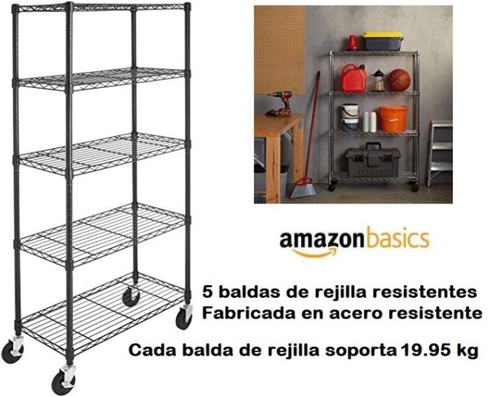 Estantería AmazonBasics de acero con 5 baldas y ruedas