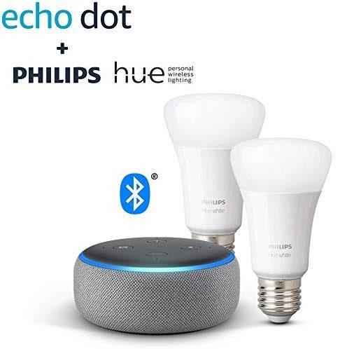 Echo Dot (3.ª generación) + Philips Hue White Pack de 2 bombillas LED inteligentes