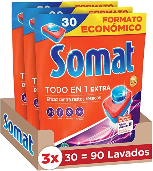 Somat Todo en 1 Pastillas Detergente para Lavavajillas (pack de 3, total: 90 lavados)