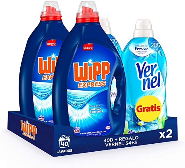 Pack x 2 Wipp Express Detergente Líquido Azul 40 Dosis + Vernel Suavizante Cielo Azul 57 Dosis