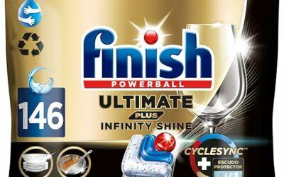 ¡Chollo! 146 Pastillas para lavavajillas Finish Ultimate Plus Infinity Shine por 22.49 euros.