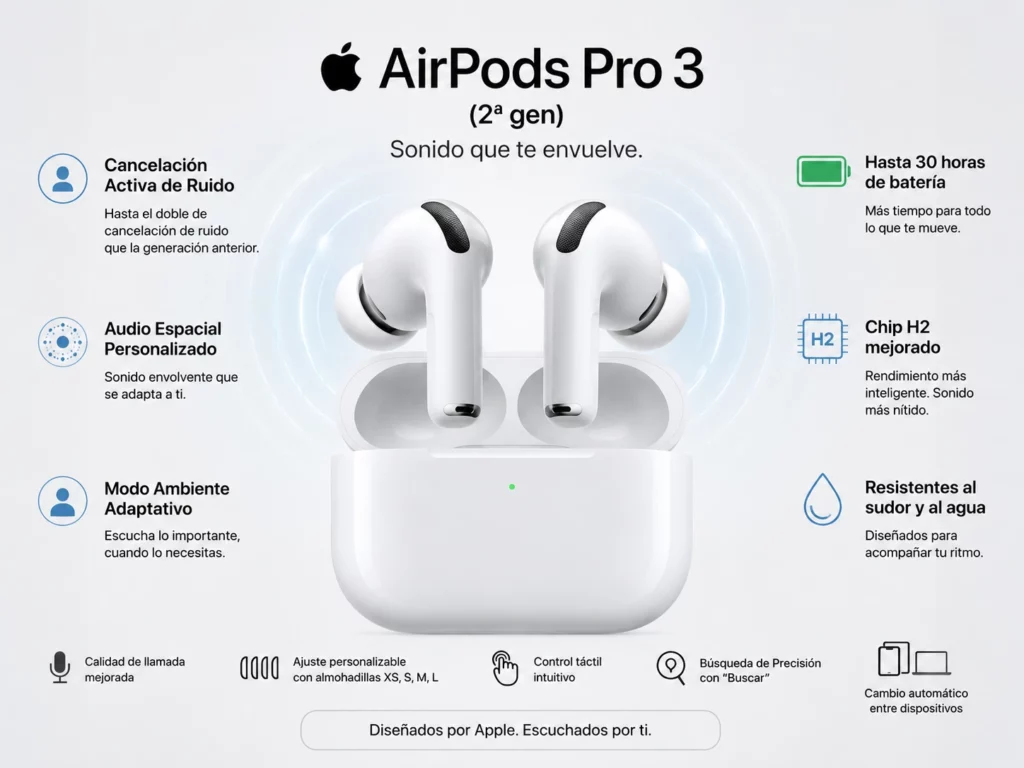 Auriculares Apple AirPods Pro 3 (2ª gen) con Cancelación Ruido y Audio Espacial