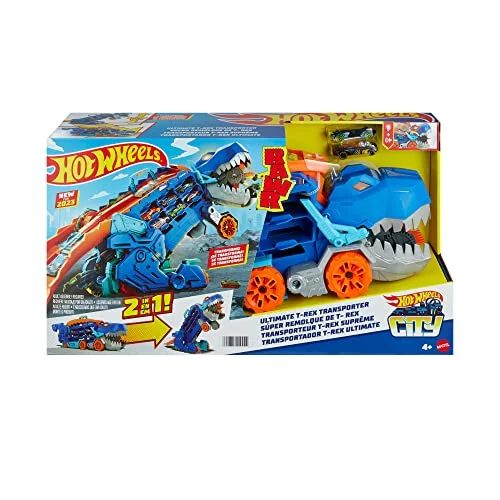 Hot Wheels City T-Rex transportador y pista con 2 vehículos