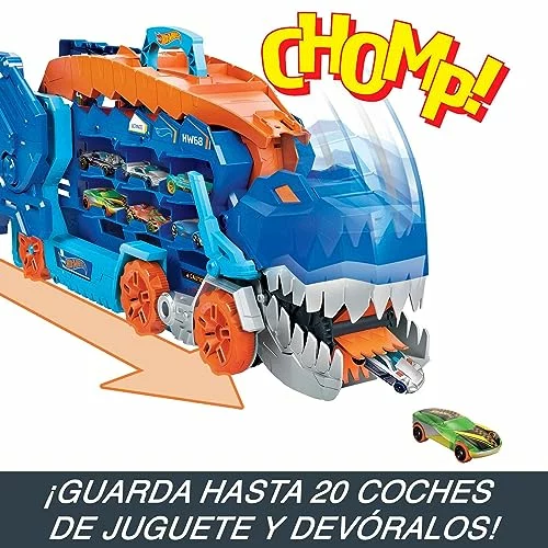 Hot Wheels City T-Rex transportador y pista con 2 vehículos