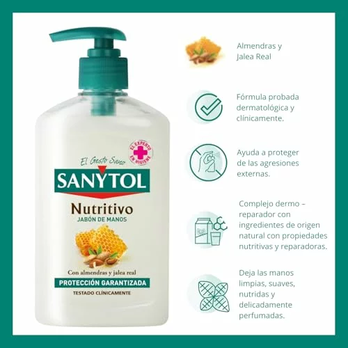 Sanytol jabón de manos nutritivo antibacteriano almendras y miel, pack 6