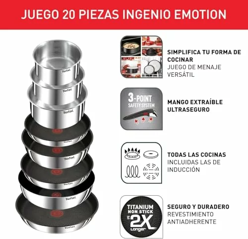 Sarten Tefal Ingenio Emotion juego de cocina 20 piezas con 2 mangos