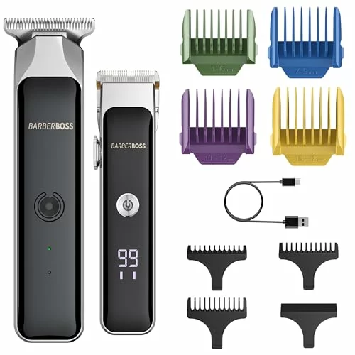 Barberboss Kit de recortadora de pelo para hombre, peluqueros inalámbricos para barba con 7 peines, esfera de longitud ajustable, ajustes de velocidad dual, carga USB y cuchillas de cerámica
