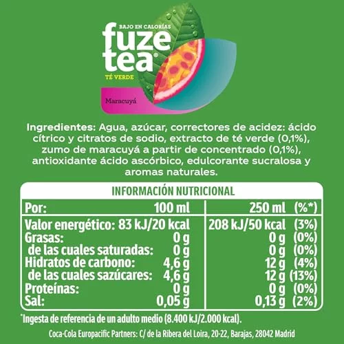 Fuze Tea té verde maracuyá bajo en calorías, pack 6 x 1,5 L