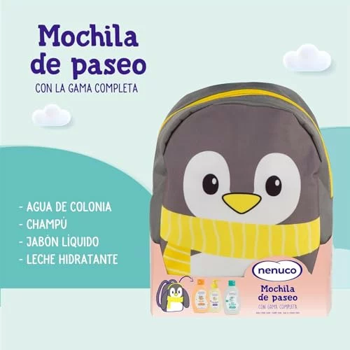 Nenuco Pack Bebé Mochila de Paseo Pingüino, con Gama Completa, Colonia, Jabón, Champú, 3x200ml