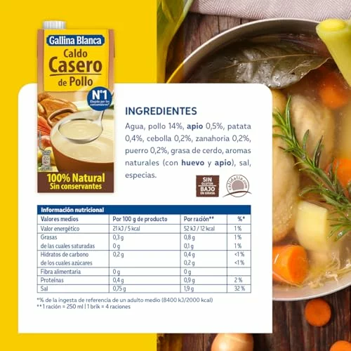 Gallina Blanca Caldo Casero de Pollo 100% Natural, pack de 4 litros