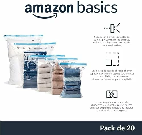 Pack de 20 bolsas de vacío Amazon Basics con bomba manual