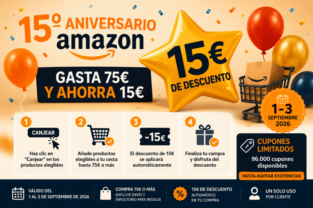 Amazon celebra su 15º aniversario con 15€ de descuento