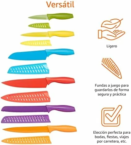 Amazon Basics juego de cuchillos de colores con 12 piezas y fundas