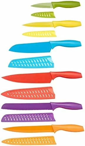 Amazon Basics juego de cuchillos de colores con 12 piezas y fundas