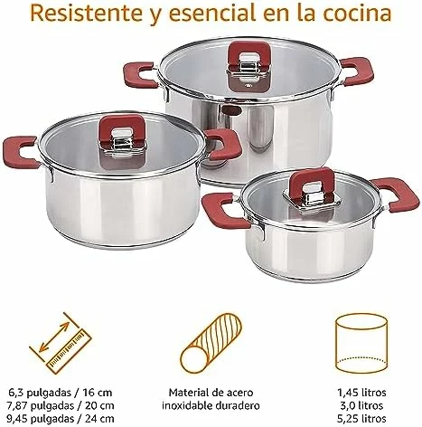 Juego de ollas de inducción Amazon Basics de acero inoxidable, 3 piezas