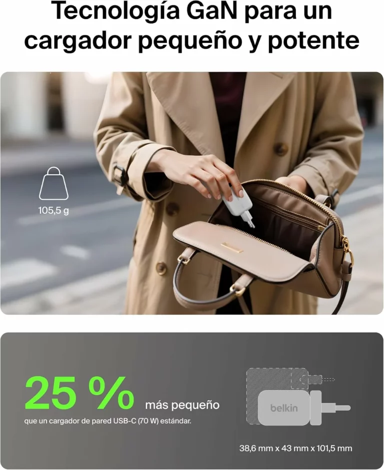 Belkin BoostCharge Pro cargador USB-C GaN 70 W de 3 puertos